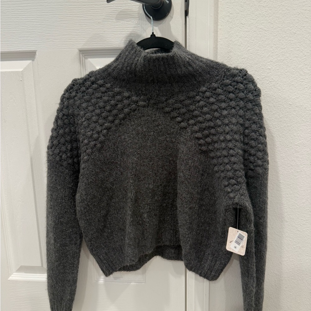 Free People Gray Cowl Neck Sweater with Textured Knit